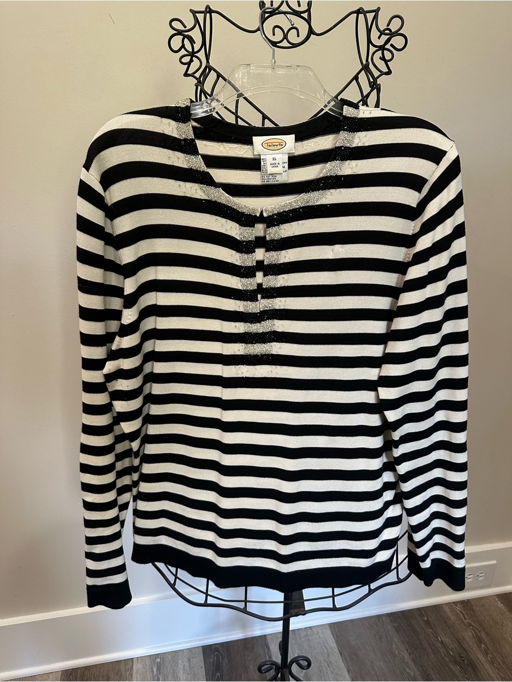 Talbots Black and White Striped Women’s Knit Sweater with Metallic Beading